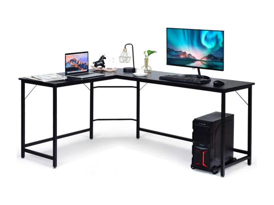vente unique Bureau/Table Informatique Bureau/Table d’Angle Ordinateur Coin en Bois et Métal avec 6 Pieds Réglables 168 x 125 x 74CM (Noir)
