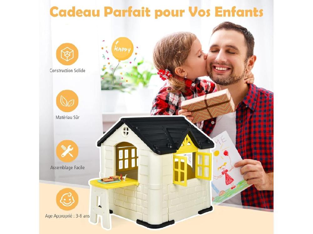 Vente Unique Cabane De Jardin Pour Enfant - Table De Pique Nique Maison Enfant Exterieur -Thème Burger Bar - En Plastique 164x124x132 Cm Jaune