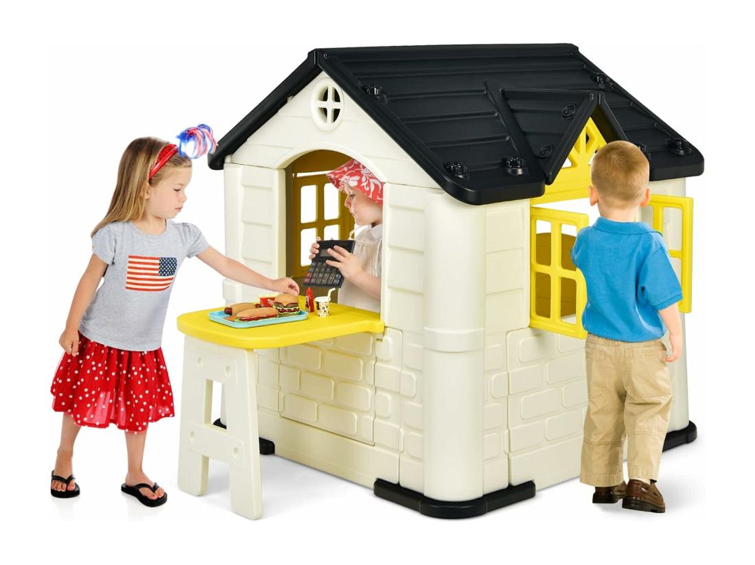 Vente Unique Cabane De Jardin Pour Enfant - Table De Pique Nique Maison Enfant Exterieur -Thème Burger Bar - En Plastique 164x124x132 Cm Jaune