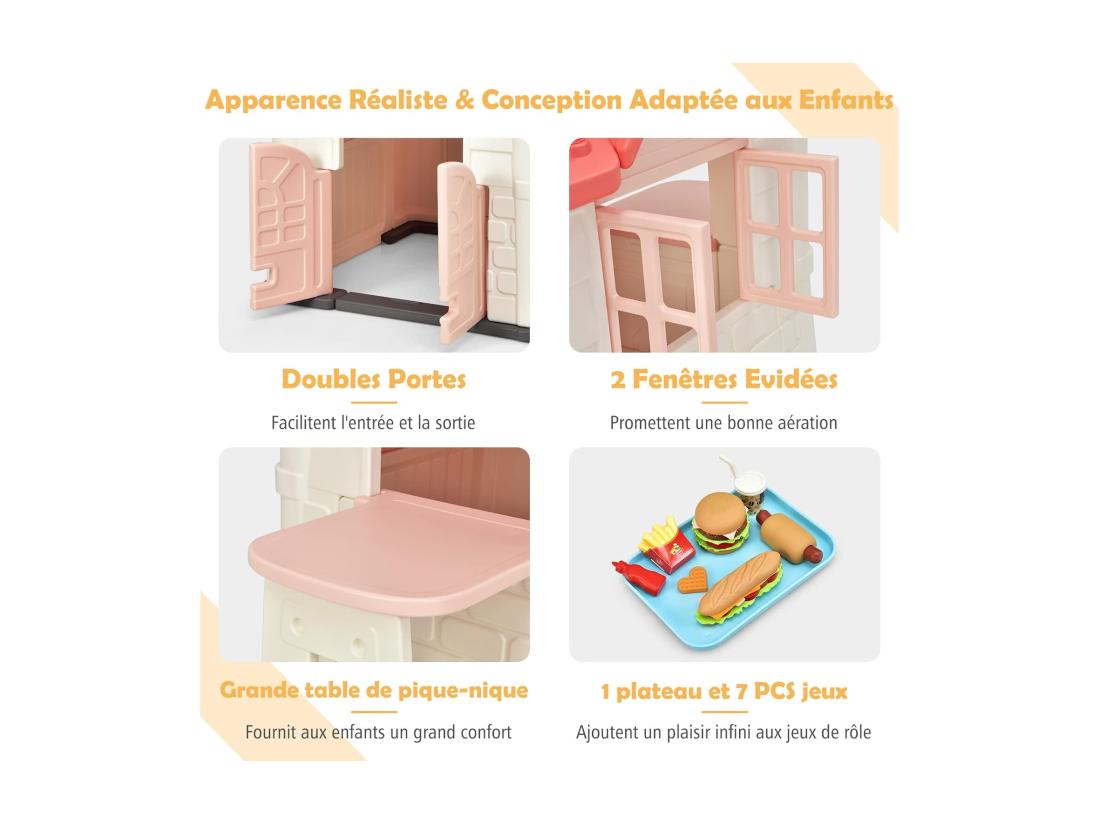Vente Unique Cabane De Jardin Pour Enfant - Table De Pique Nique Maison Enfant Exterieur -Thème Burger Bar - En Plastique 164x124x132 Cm Rose