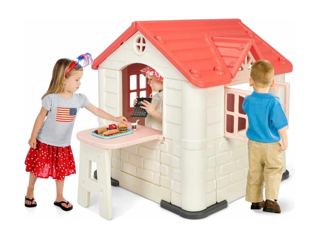 vente unique Cabane de Jardin pour Enfant - Table de Pique Nique Maison Enfant Exterieur -Thème Burger Bar - en Plastique 164x124x132 cm Rose