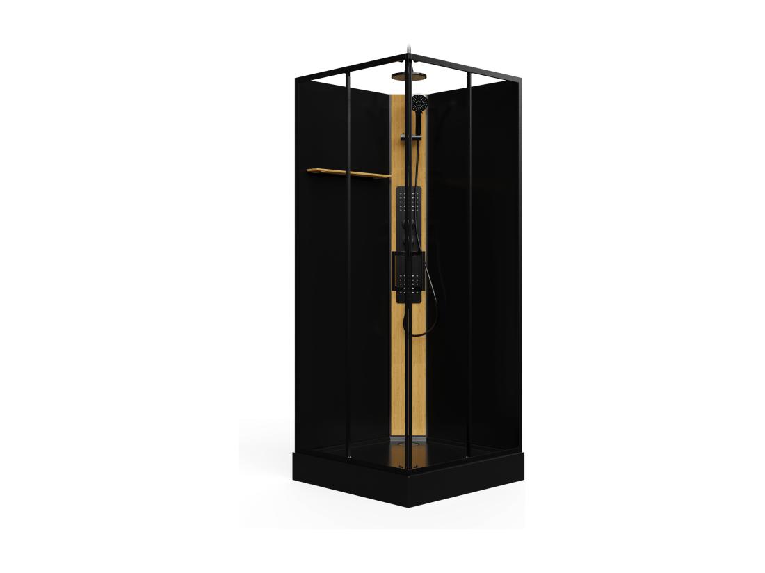 Vente Unique Cabine De Douche Hydromassante Carrée Avec Panneau En Bambou - Noir - L90 X L90 X H225 Cm - DESULO