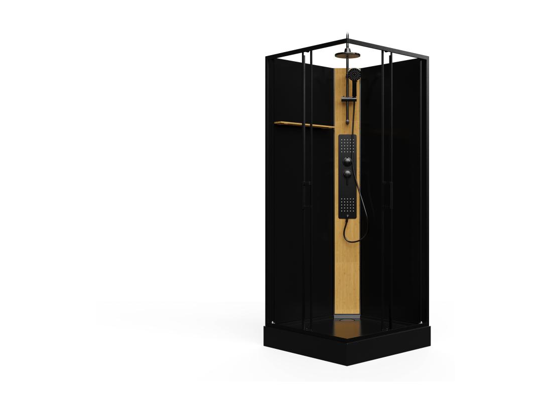 Vente Unique Cabine De Douche Hydromassante Carrée Avec Panneau En Bambou - Noir - L90 X L90 X H225 Cm - DESULO