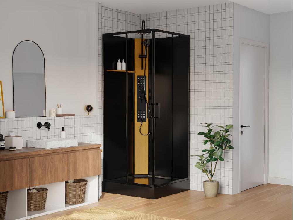 vente unique Cabine de douche hydromassante carrée avec panneau en bambou - Noir - L90 x l90 x H225 cm - DESULO