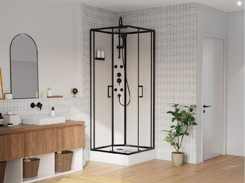 vente unique Cabine de douche hydromassante en fibre de bambou - Noir mat - L80 x l80 x H225 cm - ARDALI