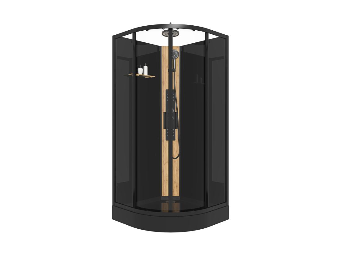 Vente Unique Cabine De Douche Hydromassante En Quart De Cercle Avec Panneau En Bambou - Noir - L90 X L90 X H225 Cm - TILOMA