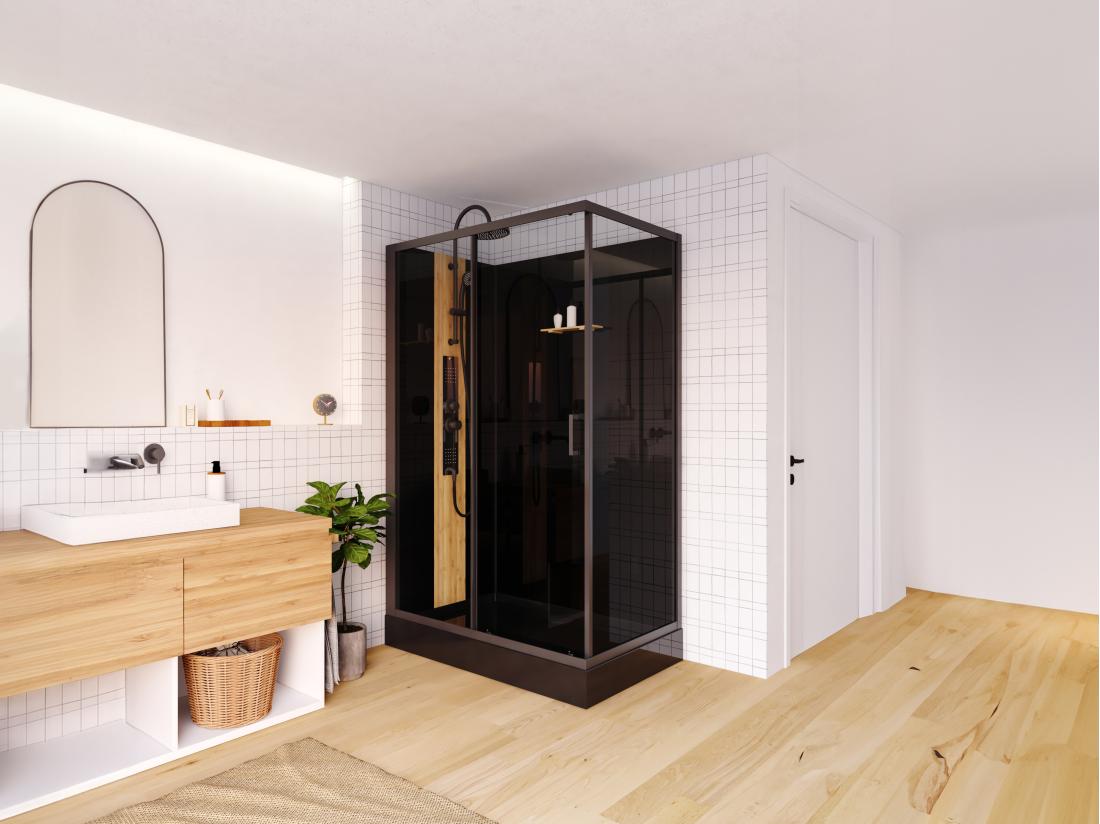 Vente Unique Cabine De Douche Hydromassante Rectangulaire Avec Bambou - Installation Réversible - Noir Mat - L120 X L80 X H225 Cm - VITUNA