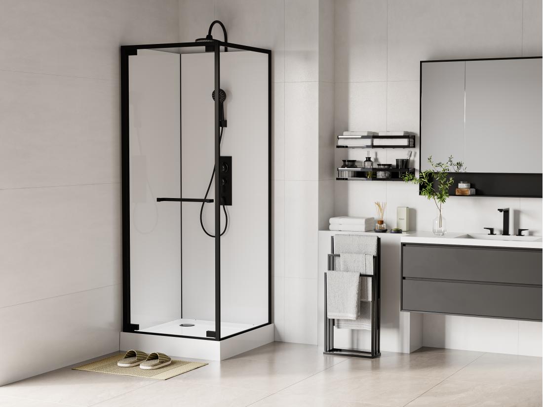 vente unique Cabine de douche installation réversible - Hauteur ajustable - Blanc et noir - L80 x l80 x H209/225 cm - BADONI