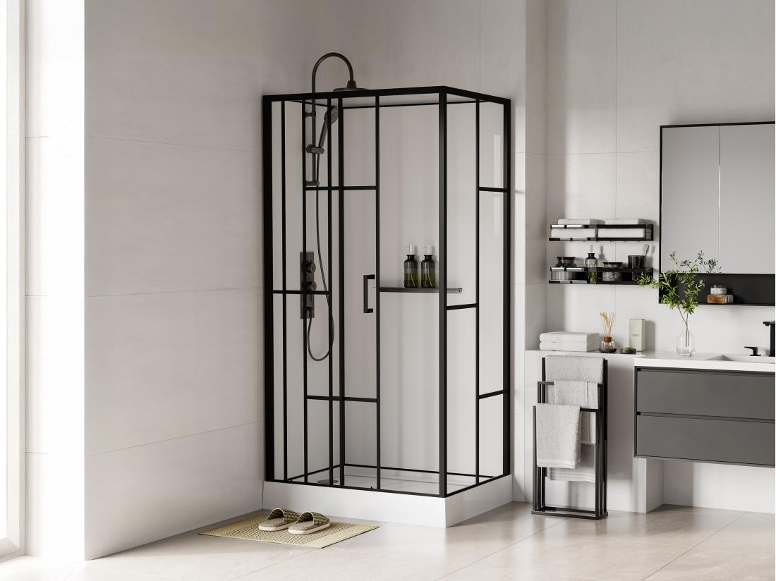 vente unique Cabine de douche rectangulaire sérigraphiée - Installation réversible - Blanc et Noir mat - L110 x l80 x H225 cm - GAVILA