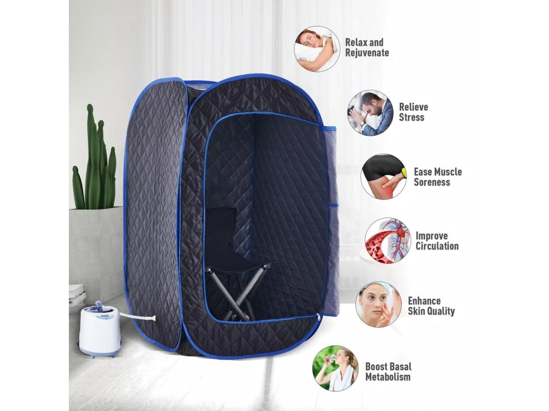 Vente Unique Cabine Sauna à Vapeur 1000W Sauna Pliable Avec Télécommande Et Instrument De Fumigation Et Chaise Pliante Tente Spa 80x80x135cm