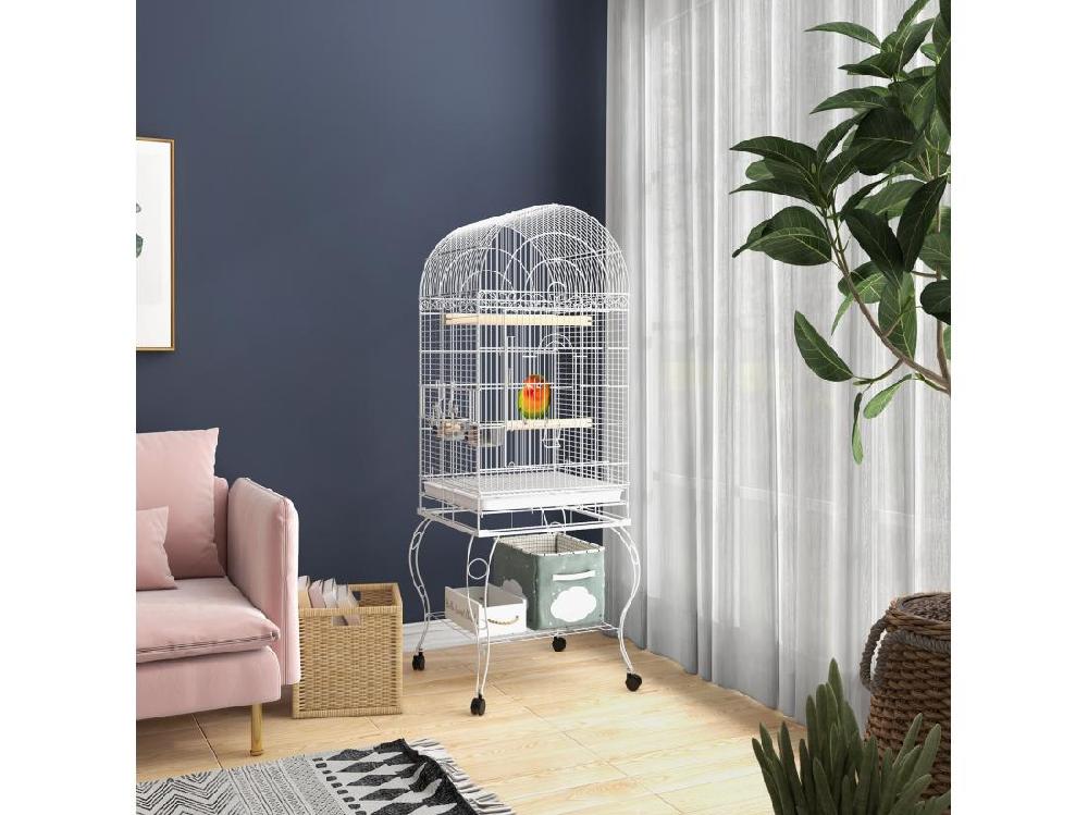 Vente Unique Cage à Oiseaux Volière Sur Roulettes - étagère Grille Plateau Amovible 2 Bols Acier Inox Perchoir - Acier Blanc