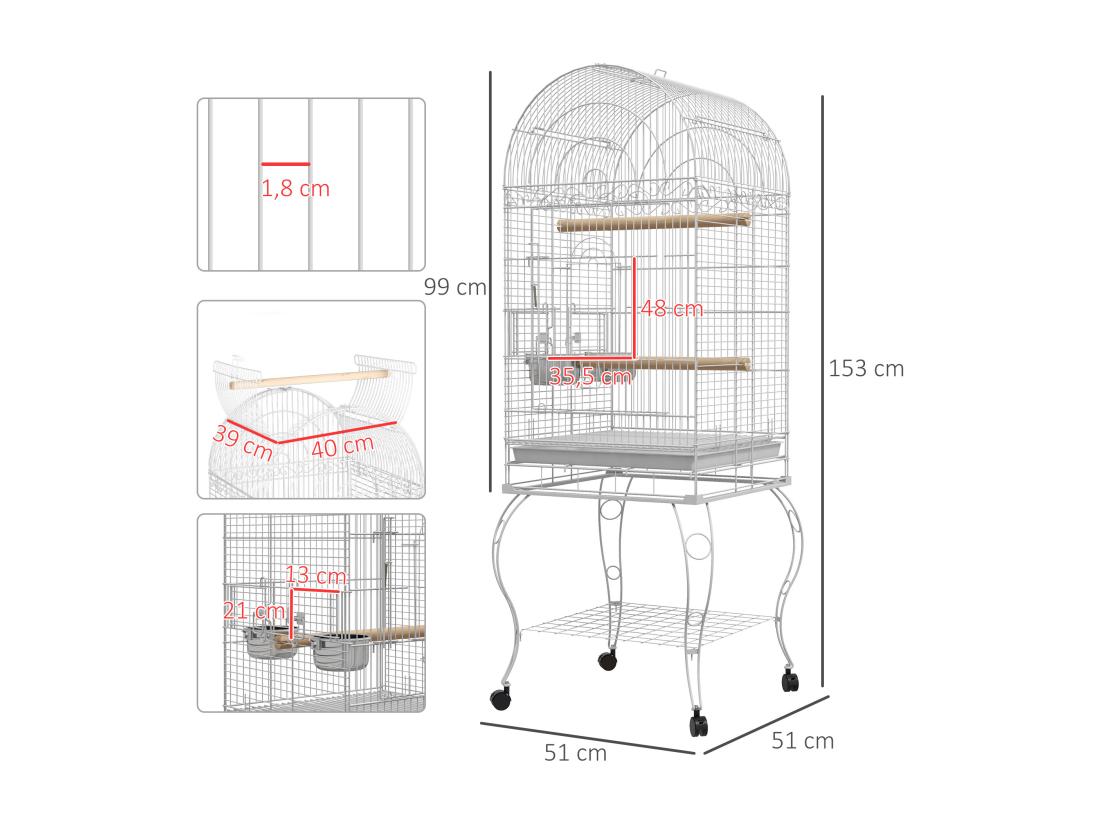 Vente Unique Cage à Oiseaux Volière Sur Roulettes - étagère Grille Plateau Amovible 2 Bols Acier Inox Perchoir - Acier Blanc