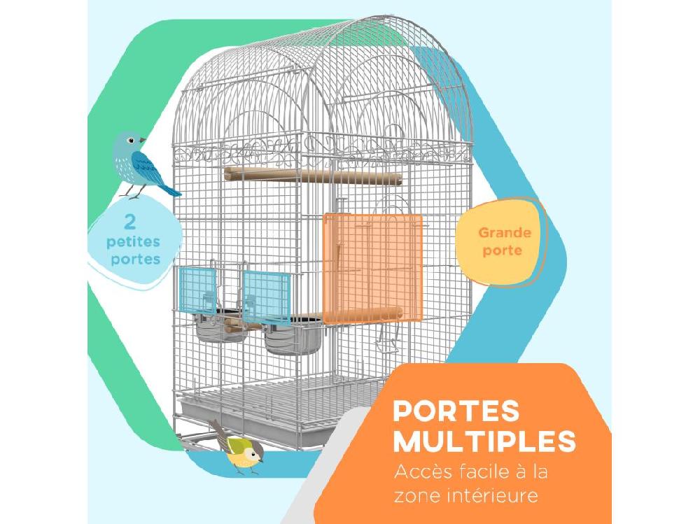Vente Unique Cage à Oiseaux Volière Sur Roulettes - étagère Grille Plateau Amovible 2 Bols Acier Inox Perchoir - Acier Blanc