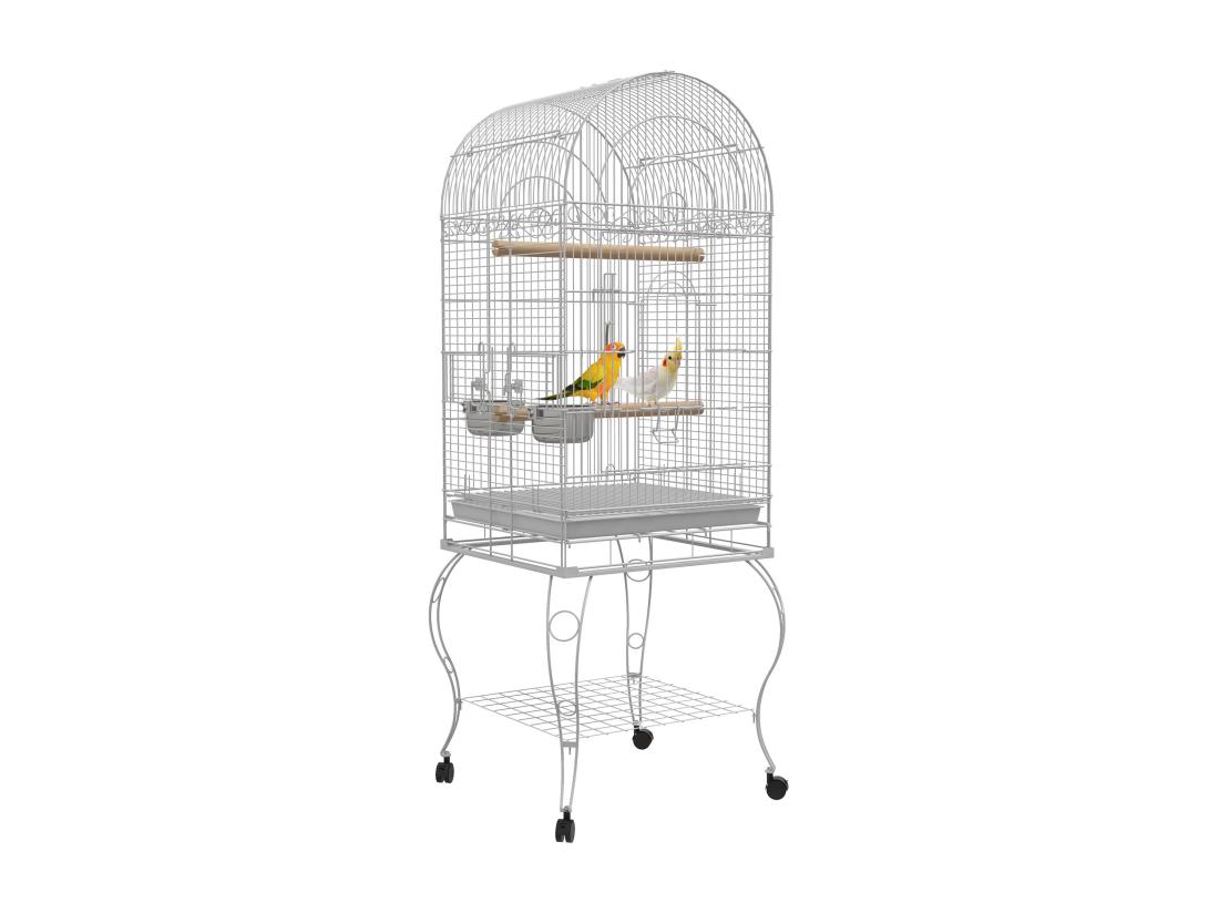 vente unique Cage à oiseaux volière sur roulettes - étagère grille plateau amovible 2 bols acier inox perchoir - acier blanc