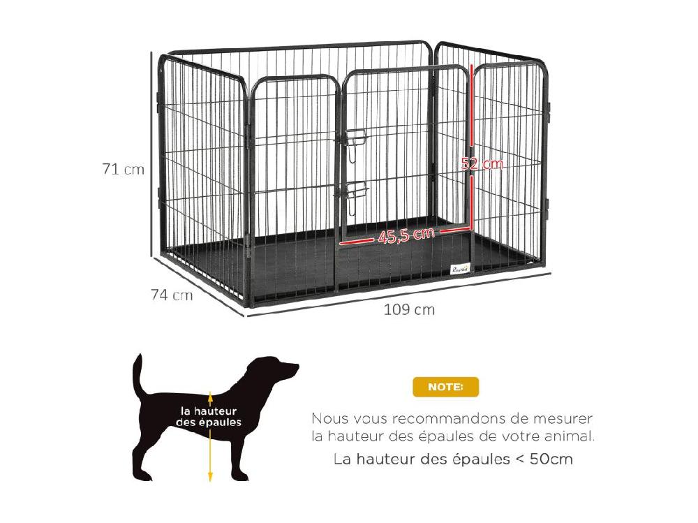 vente unique Cage chien démontable - enclos chien intérieur/extérieur - porte verrouillable plateau - acier ABS gris noir