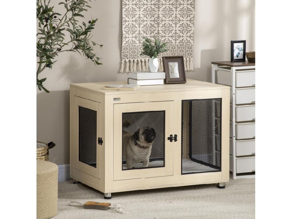 Vente Unique Cage Pour Chien Sur Pied Style Industriel - 2 Portes Verrouillables Coussin Inclus - Acier Maillé Noir Panneaux Aspect Bois Clair