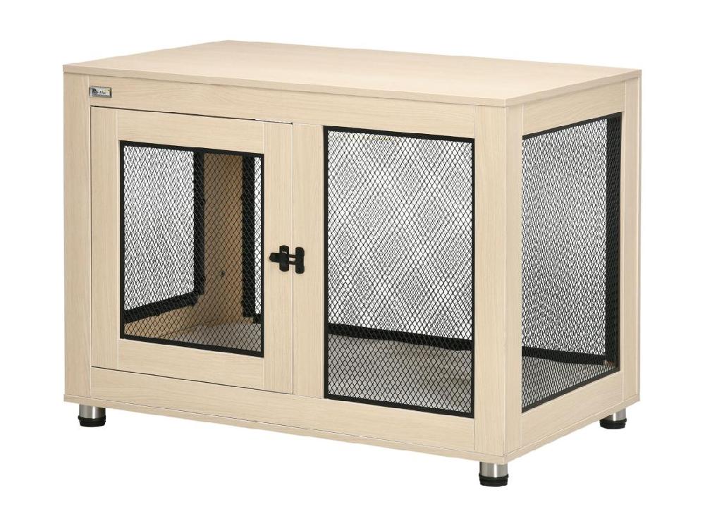 Vente Unique Cage Pour Chien Sur Pied Style Industriel - 2 Portes Verrouillables Coussin Inclus - Acier Maillé Noir Panneaux Aspect Bois Clair