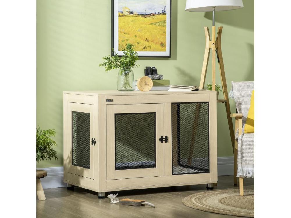 Vente Unique Cage Pour Chien Sur Pied Style Industriel - 2 Portes Verrouillables Coussin Inclus - Acier Maillé Noir Panneaux Aspect Bois Clair