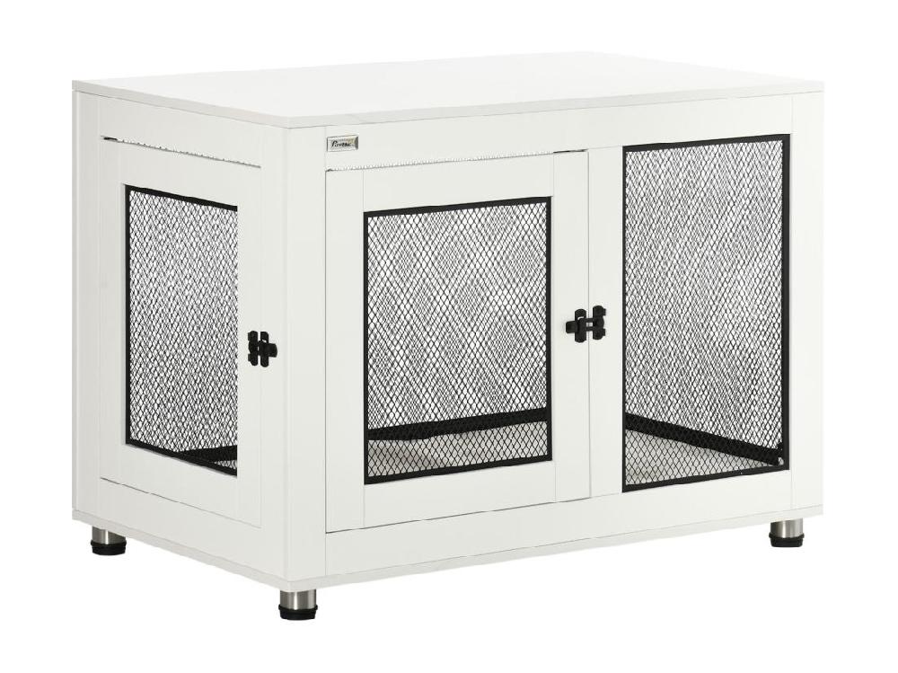 Vente Unique Cage Pour Chien Sur Pied Style Industriel - 2 Portes Verrouillables Coussin Inclus - Acier Maillé Noir Panneaux Aspect Bois Blanc