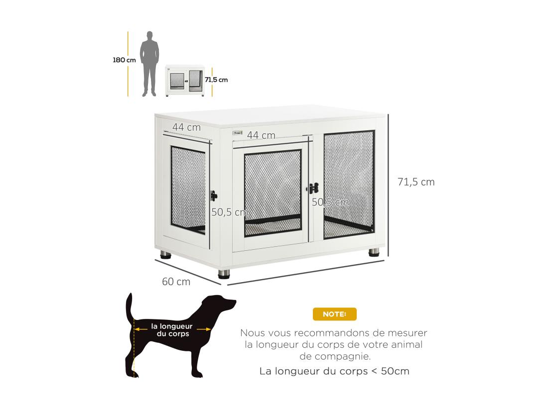 Vente Unique Cage Pour Chien Sur Pied Style Industriel - 2 Portes Verrouillables Coussin Inclus - Acier Maillé Noir Panneaux Aspect Bois Blanc