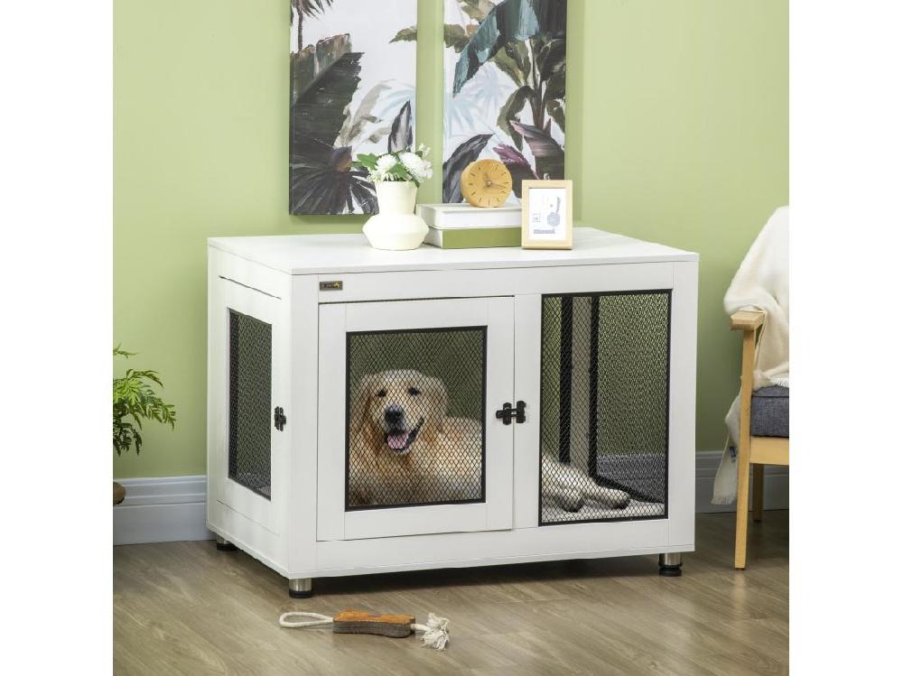 vente unique Cage pour chien sur pied style industriel - 2 portes verrouillables coussin inclus - acier maillé noir panneaux aspect bois blanc