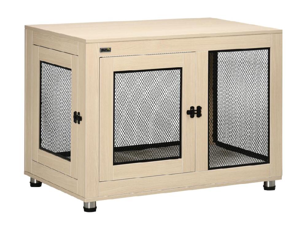 Vente Unique Cage Pour Chien Sur Pied Style Industriel - 2 Portes Verrouillables Coussin Inclus - Acier Maillé Noir Panneaux Aspect Bois Clair