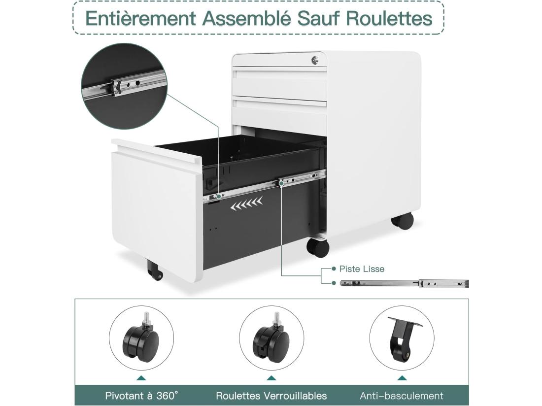 Vente Unique Caisson De Bureau à Roulette 3 Tiroirs Meuble Dossier Suspendu Classeur Métal Verrouillable Pour Bureau Bureau à Domicile - 40x45x60cm - Blanc