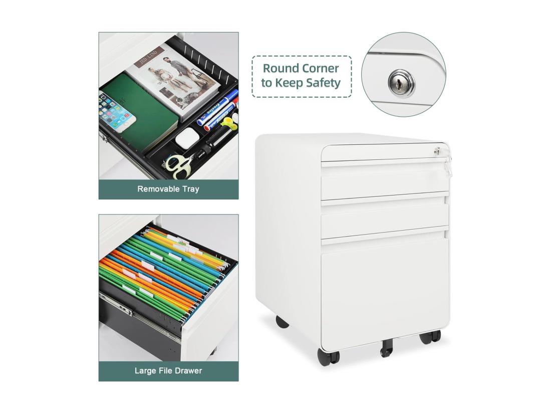 Vente Unique Caisson De Bureau à Roulette 3 Tiroirs Meuble Dossier Suspendu Classeur Métal Verrouillable Pour Bureau Bureau à Domicile - 40x45x60cm - Blanc