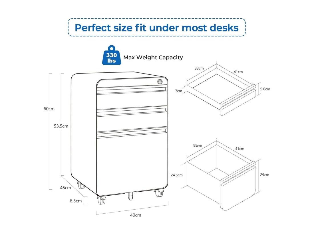 Vente Unique Caisson De Bureau à Roulette 3 Tiroirs Meuble Dossier Suspendu Classeur Métal Verrouillable Pour Bureau Bureau à Domicile - 40x45x60cm - Noir