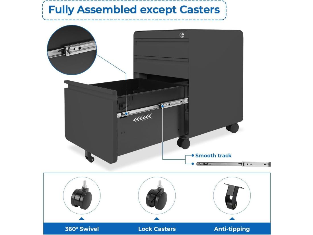 vente unique Caisson de Bureau à Roulette 3 Tiroirs Meuble Dossier Suspendu Classeur Métal Verrouillable pour Bureau Bureau à Domicile - 40x45x60cm - Noir