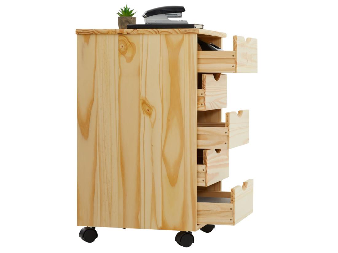 Vente Unique Caisson De Bureau LAGOS Meuble De Rangement Sur Roulettes Avec 5 Tiroirs En Pin Massif Finition Vernis Naturel