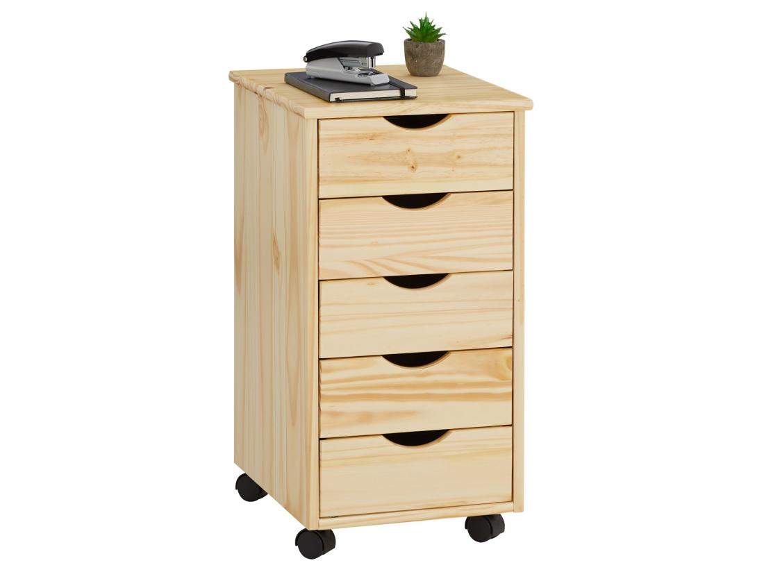 Vente Unique Caisson De Bureau LAGOS Meuble De Rangement Sur Roulettes Avec 5 Tiroirs En Pin Massif Finition Vernis Naturel