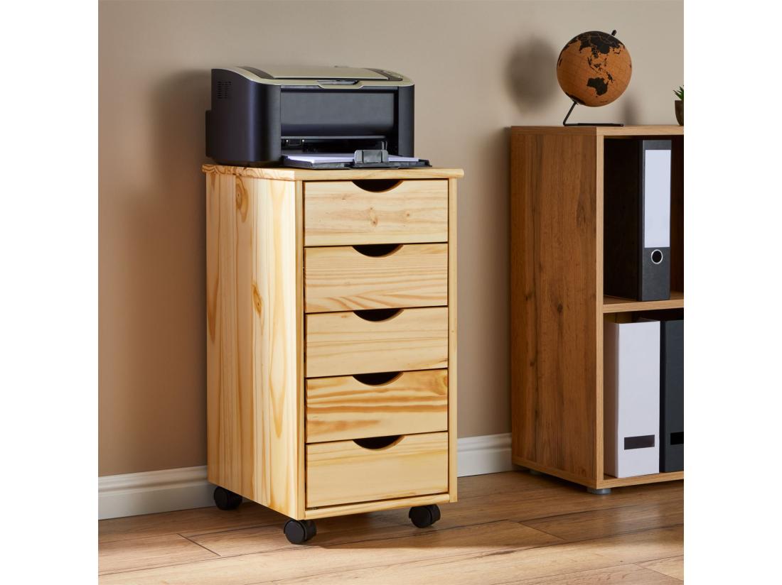 Vente Unique Caisson De Bureau LAGOS Meuble De Rangement Sur Roulettes Avec 5 Tiroirs En Pin Massif Finition Vernis Naturel