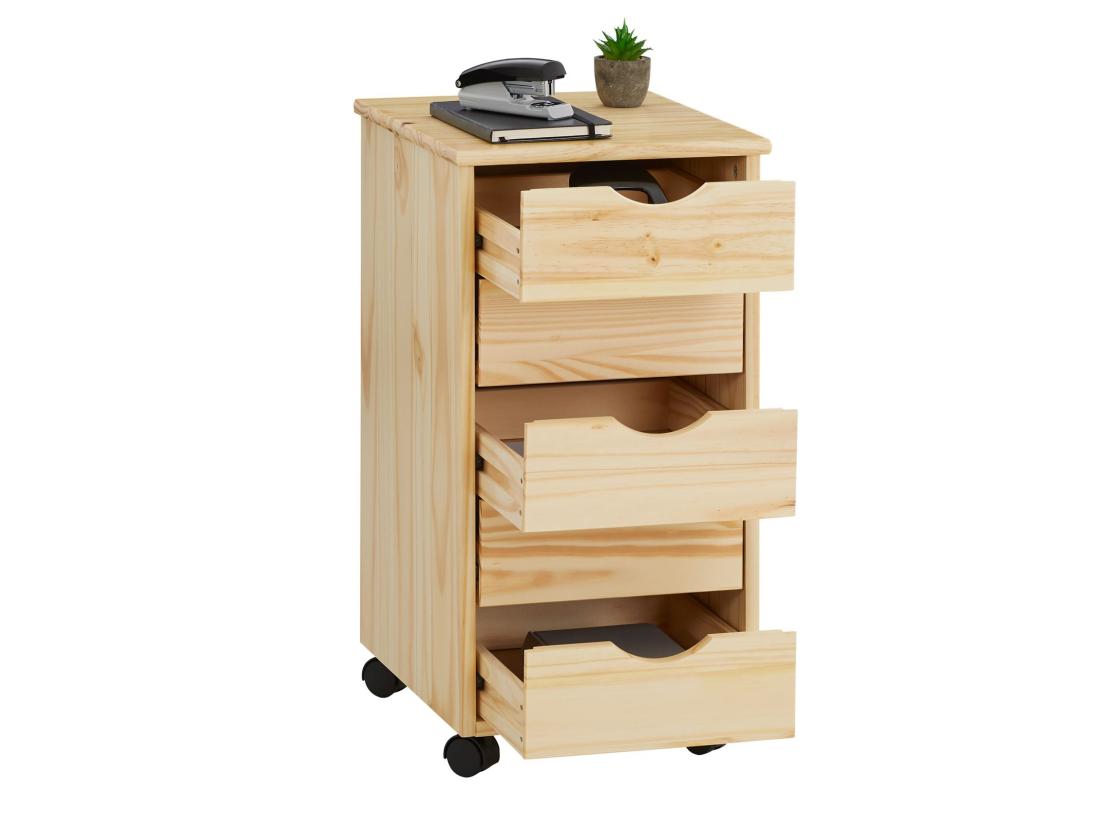 vente unique Caisson de bureau LAGOS meuble de rangement sur roulettes avec 5 tiroirs en pin massif finition vernis naturel