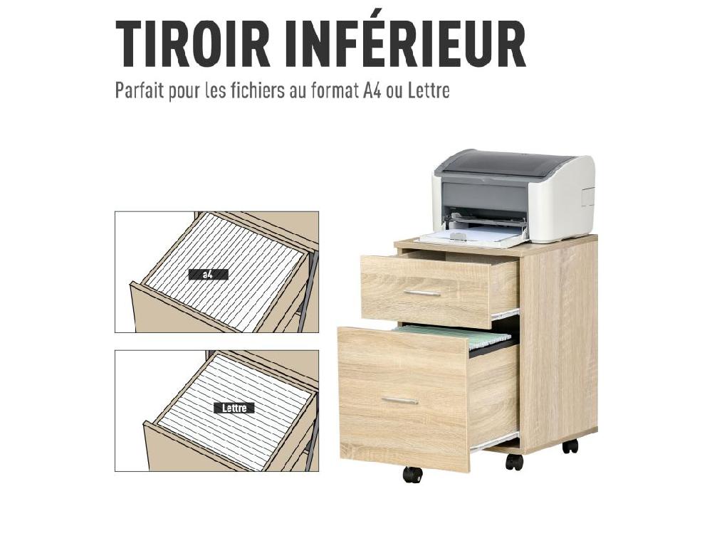 Vente Unique Caisson De Bureau Rangement Bureau Sur Roulettes 2 Tiroirs Panneaux Particules Aspect Bois Chêne Clair