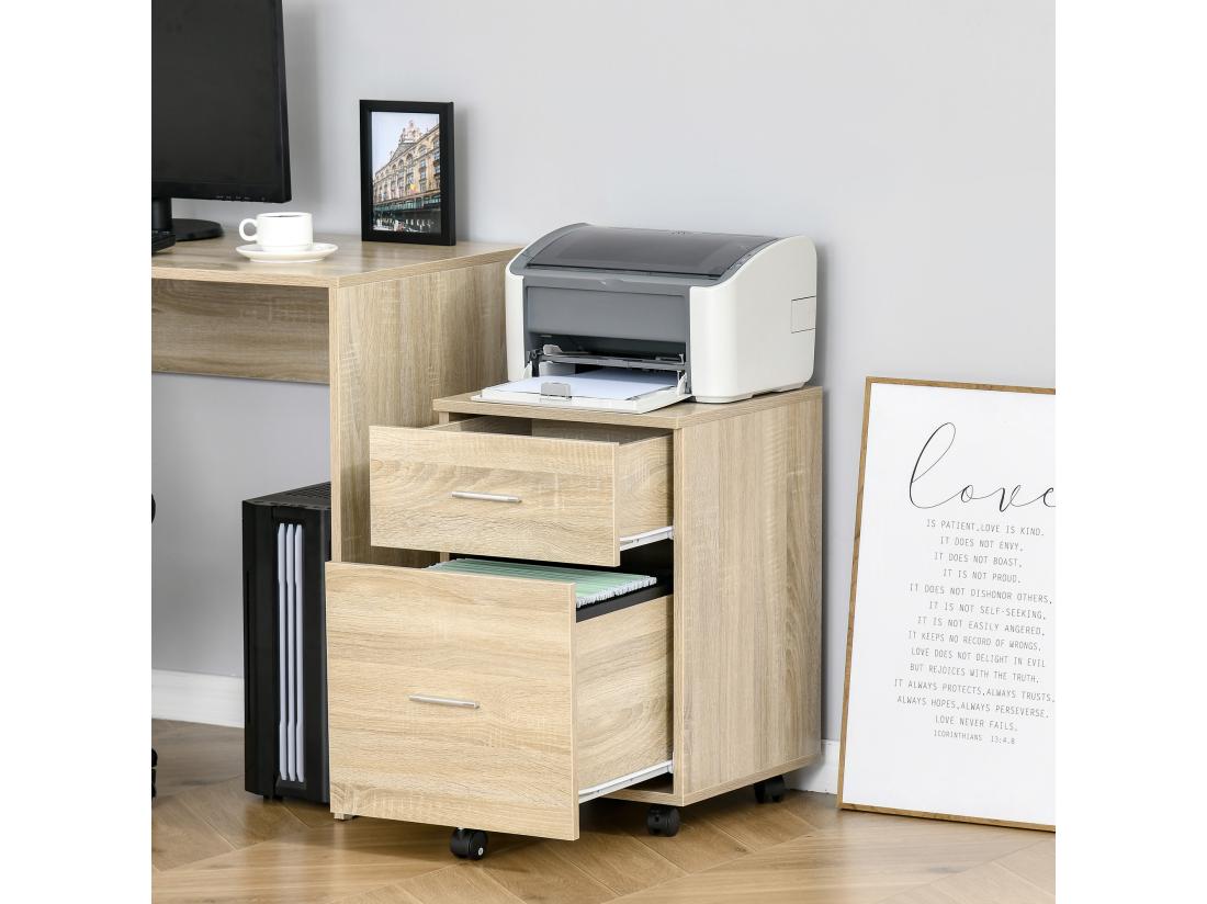 vente unique Caisson de bureau rangement bureau sur roulettes 2 tiroirs panneaux particules aspect bois chêne clair