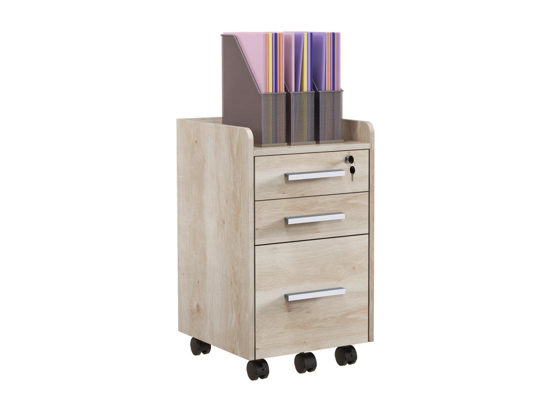 Vente Unique Caisson De Bureau Rangement Bureau Sur Roulettes 3 Tiroirs 1 Verrouillable 1 Trieur Dossiers MDF Panneaux Chêne Clair