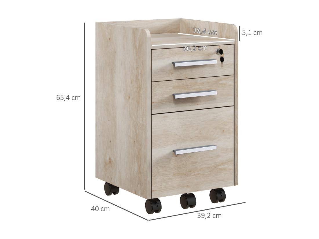Vente Unique Caisson De Bureau Rangement Bureau Sur Roulettes 3 Tiroirs 1 Verrouillable 1 Trieur Dossiers MDF Panneaux Chêne Clair
