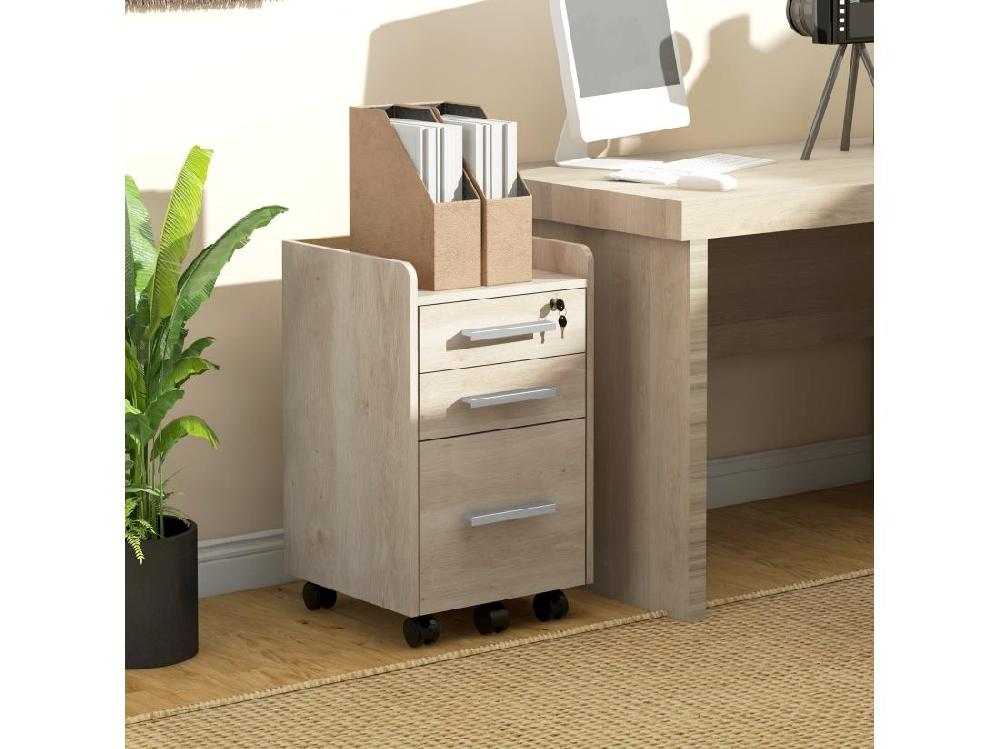 Vente Unique Caisson De Bureau Rangement Bureau Sur Roulettes 3 Tiroirs 1 Verrouillable 1 Trieur Dossiers MDF Panneaux Chêne Clair