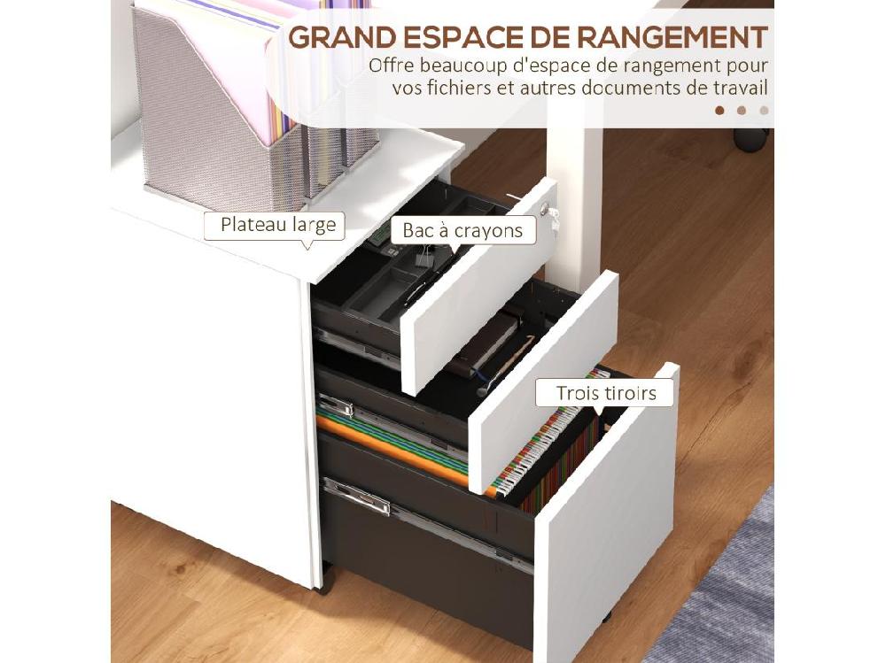 Vente Unique Caisson De Bureau Rangement Bureau Sur Roulettes 3 Tiroirs Coulissants Verrouillables Trieur à Dossiers Acier Blanc