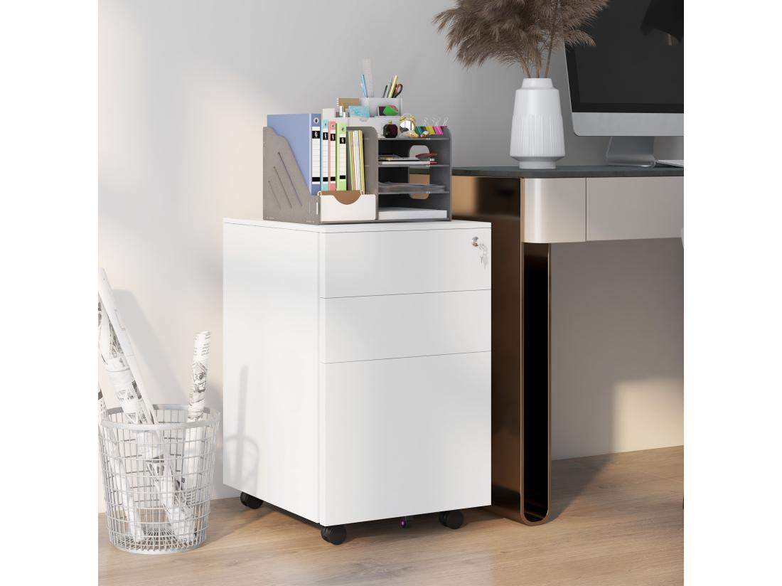 Vente Unique Caisson De Bureau Rangement Bureau Sur Roulettes 3 Tiroirs Coulissants Verrouillables Trieur à Dossiers Acier Blanc
