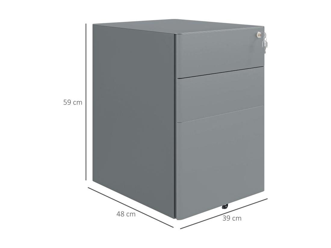 Vente Unique Caisson De Bureau Rangement Bureau Sur Roulettes 3 Tiroirs Coulissants Verrouillables Trieur à Dossiers Dim. 39L X 48I X 59H Cm Acier Gris