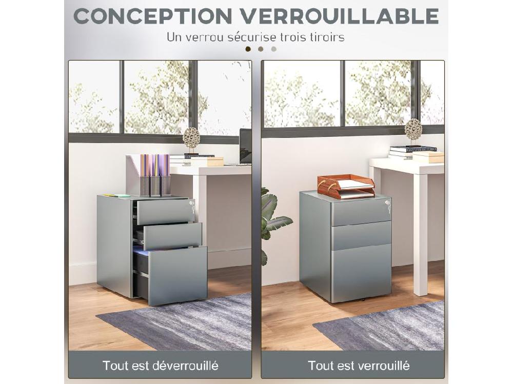 vente unique Caisson de bureau rangement bureau sur roulettes 3 tiroirs coulissants verrouillables trieur à dossiers dim. 39L x 48I x 59H cm acier gris