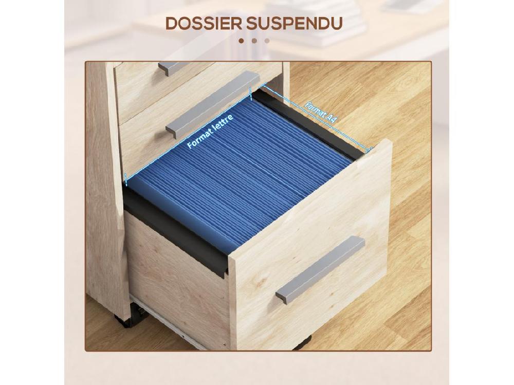Vente Unique Caisson De Bureau Rangement Bureau Sur Roulettes 3 Tiroirs 1 Verrouillable 1 Trieur Dossiers MDF Panneaux Chêne Clair