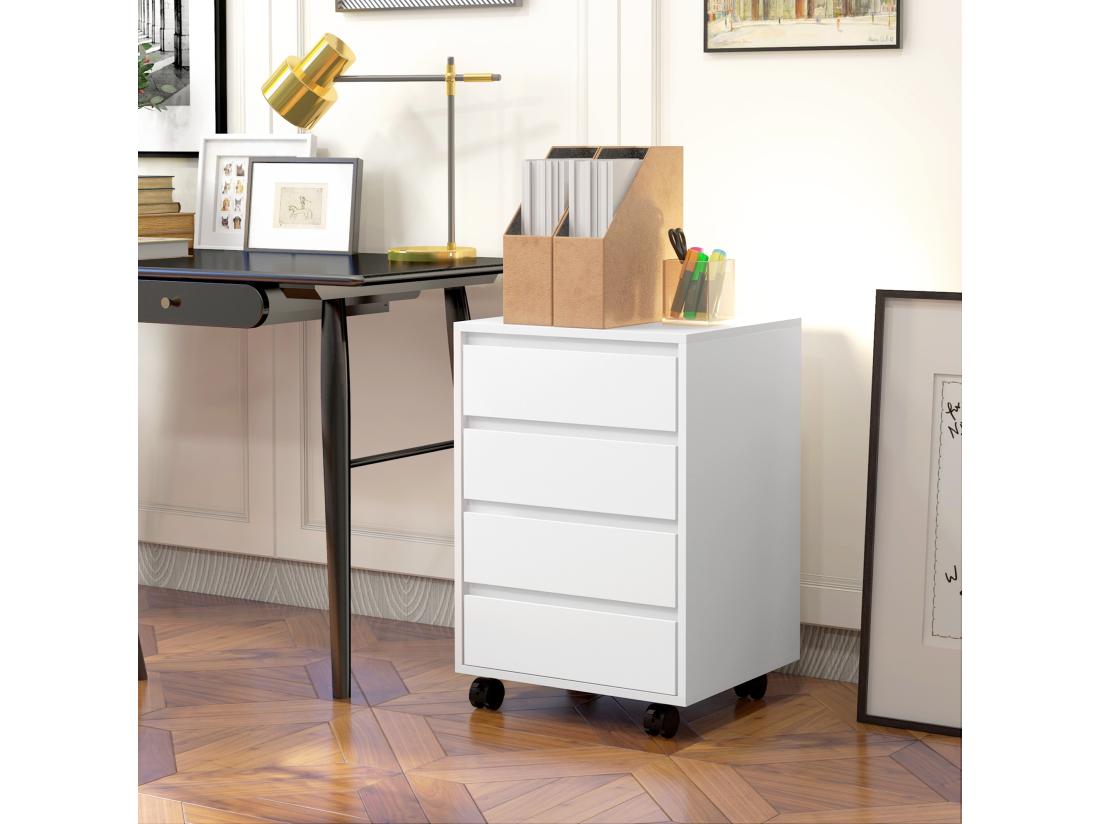 Vente Unique Caisson De Bureau Rangement Bureau Sur Roulettes 4 Tiroirs Coulissants MDF Aspect Bois Blanc