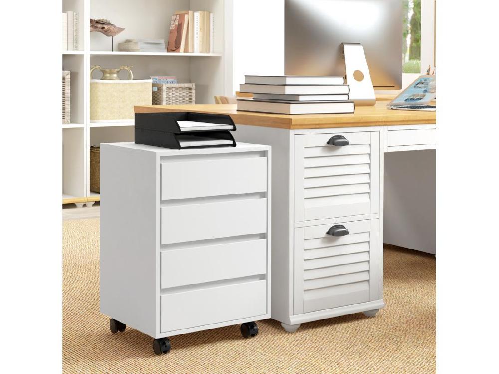 Vente Unique Caisson De Bureau Rangement Bureau Sur Roulettes 4 Tiroirs Coulissants MDF Aspect Bois Blanc