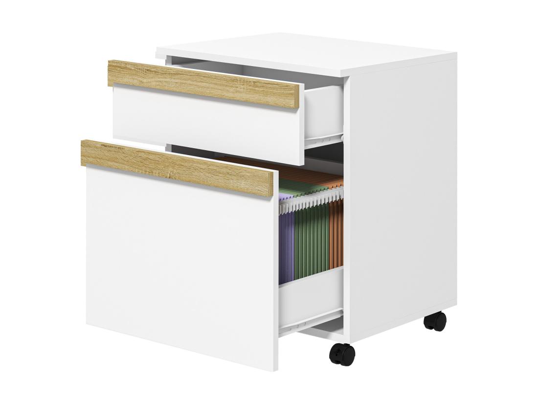 Vente Unique Caisson De Bureau Rangement Bureau Sur Roulettes Tiroir Coulissant Et Tiroir Dossiers Suspendus Blanc Aspect Chêne Clair