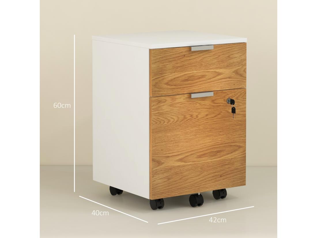 Vente Unique Caisson De Bureau Rangement Bureau Sur Roulettes - Tiroir Coulissant Tiroir Dossiers Suspendus - Blanc Aspect Chêne Moyen