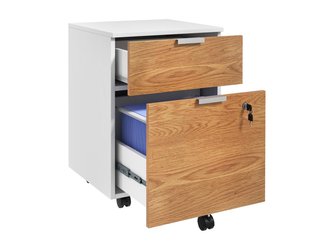 Vente Unique Caisson De Bureau Rangement Bureau Sur Roulettes - Tiroir Coulissant Tiroir Dossiers Suspendus - Blanc Aspect Chêne Moyen