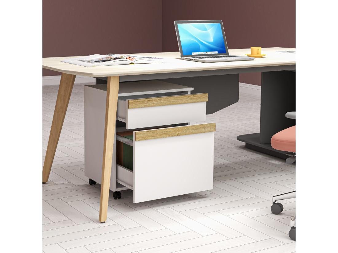 Vente Unique Caisson De Bureau Rangement Bureau Sur Roulettes Tiroir Coulissant Et Tiroir Dossiers Suspendus Blanc Aspect Chêne Clair